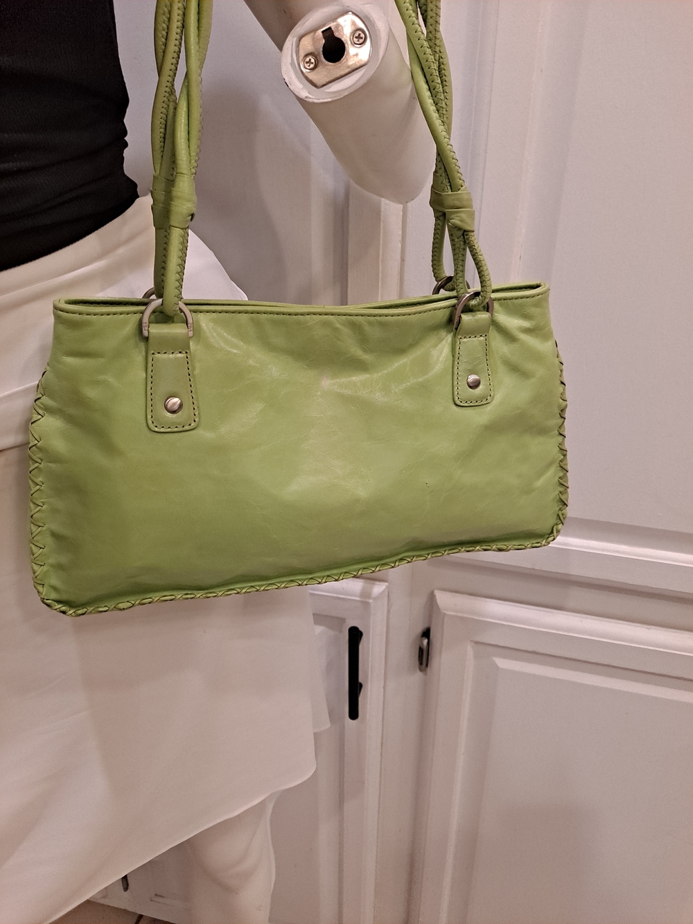 Sigrid Olsen Light Green Leather Braided Handles Stitched Vtg Y2k Vibrant Liner - Picture 7 of 16